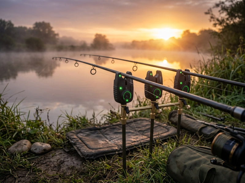 Bite Alarm Kit — bankside setup at golden hour