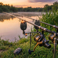 Hirisi S9 Bite Alarm — carp fishing bank setup at golden hour