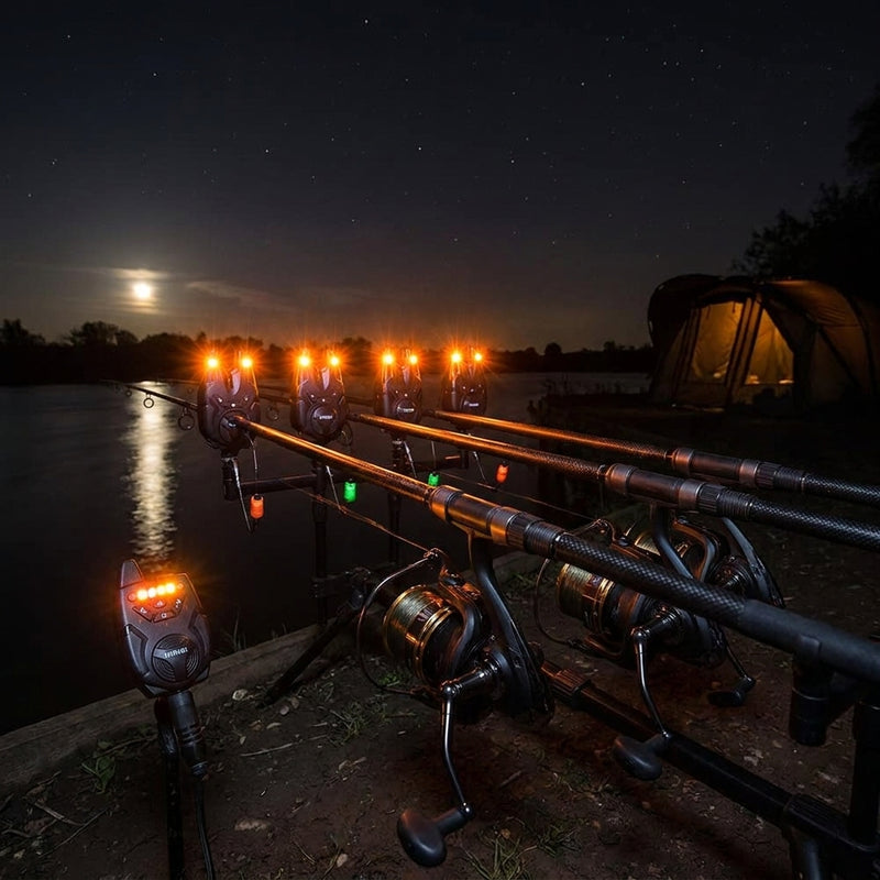 Hirisi S9 Bite Alarm — night carp session, LED glow in darkness