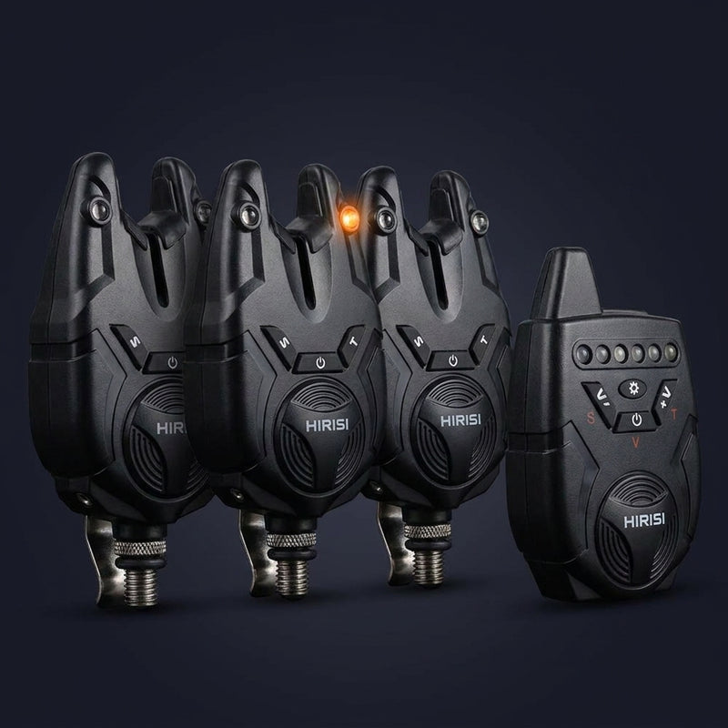 Hirisi S9 Bite Alarm Set — 3/4 angle studio packshot showing depth and clip