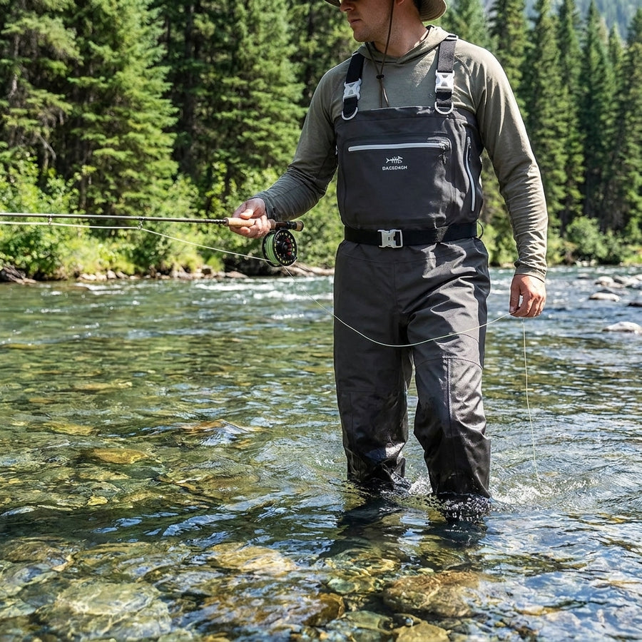 BASSDASH Men’s Lightweight Breathable Chest Wader Black Camo — lifestyle river