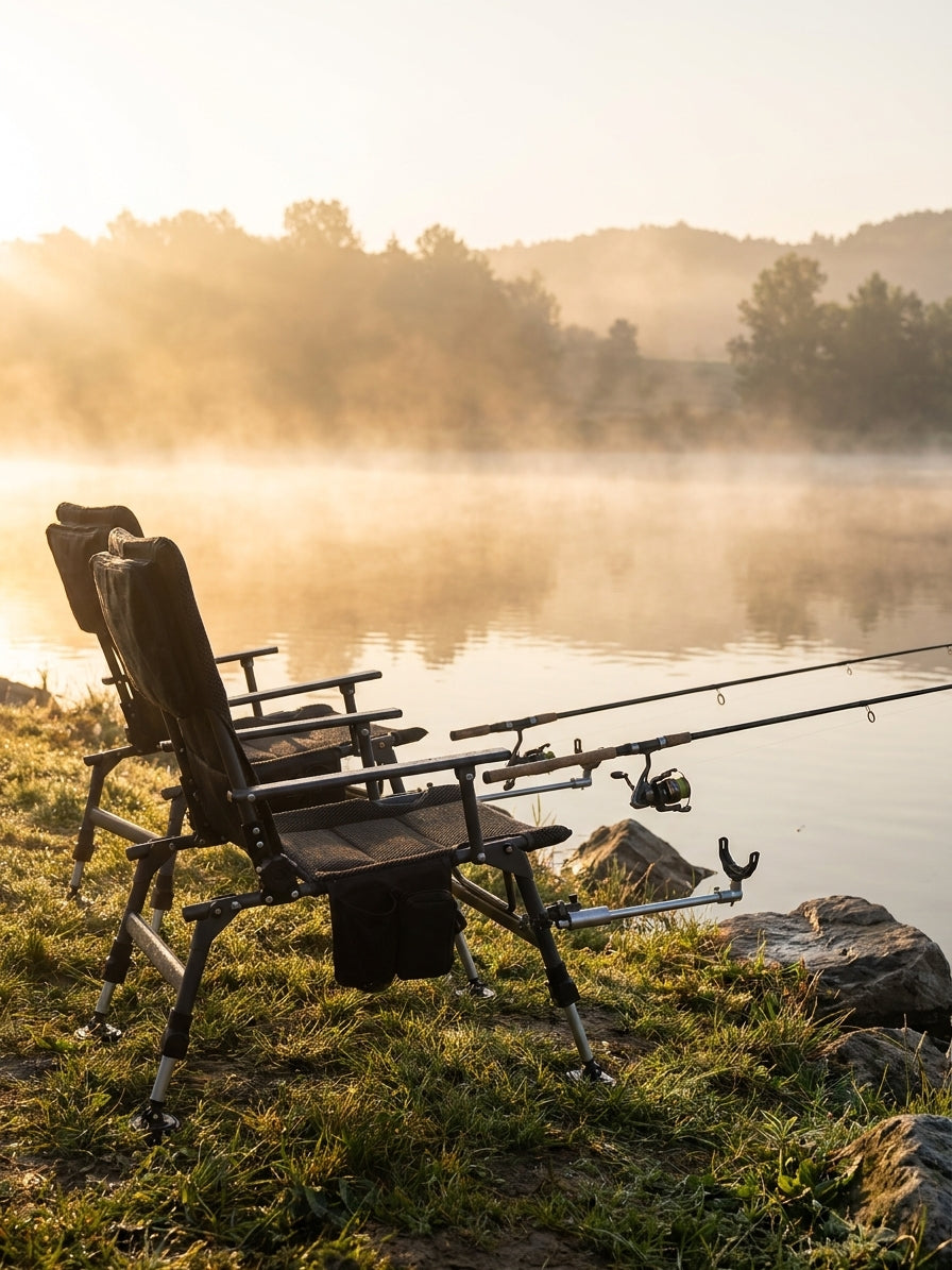 Portable Folding Fishing Chair Heavy Duty Adjustable Padded  — lifestyle setup