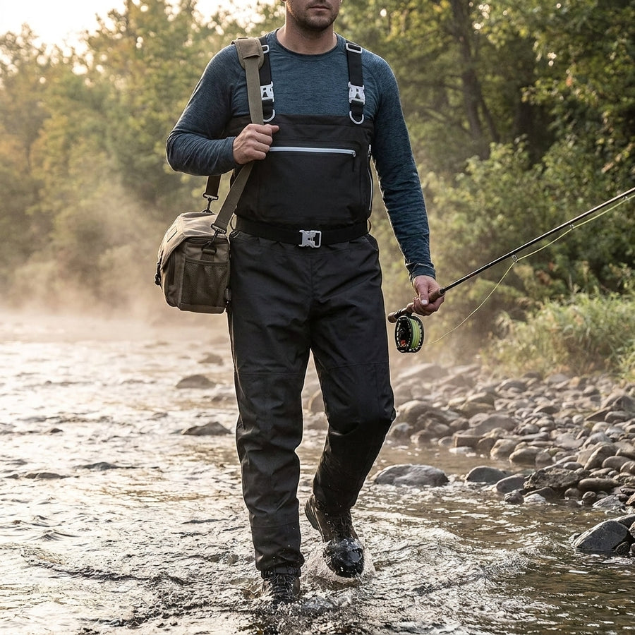 BASSDASH Men’s Lightweight Breathable Chest Wader Black Camo — lifestyle stream