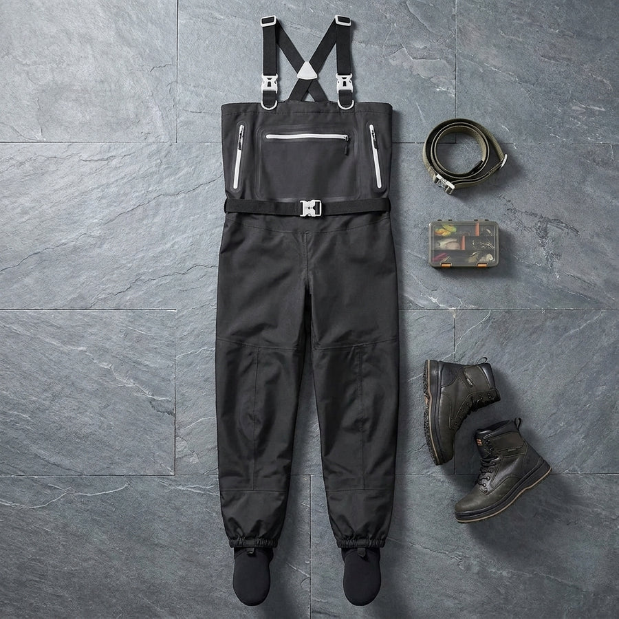 BASSDASH Men’s Lightweight Breathable Chest Wader Black Camo — packshot flatlay