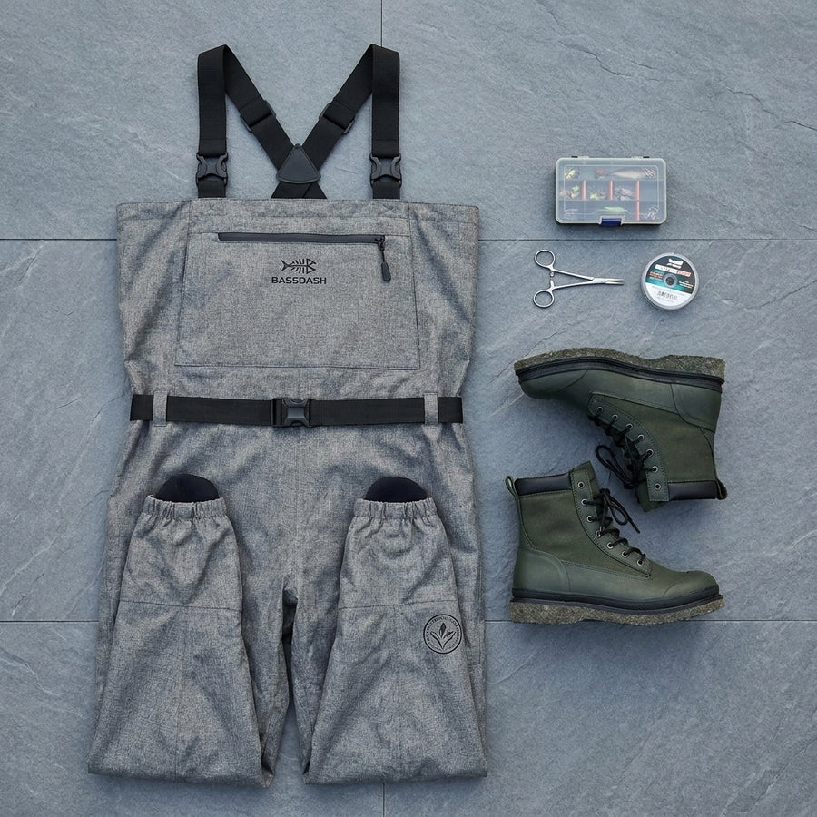 Bassdash IMMERSE Breathable Ripstop Stocking Foot Fishing Hu — packshot flatlay
