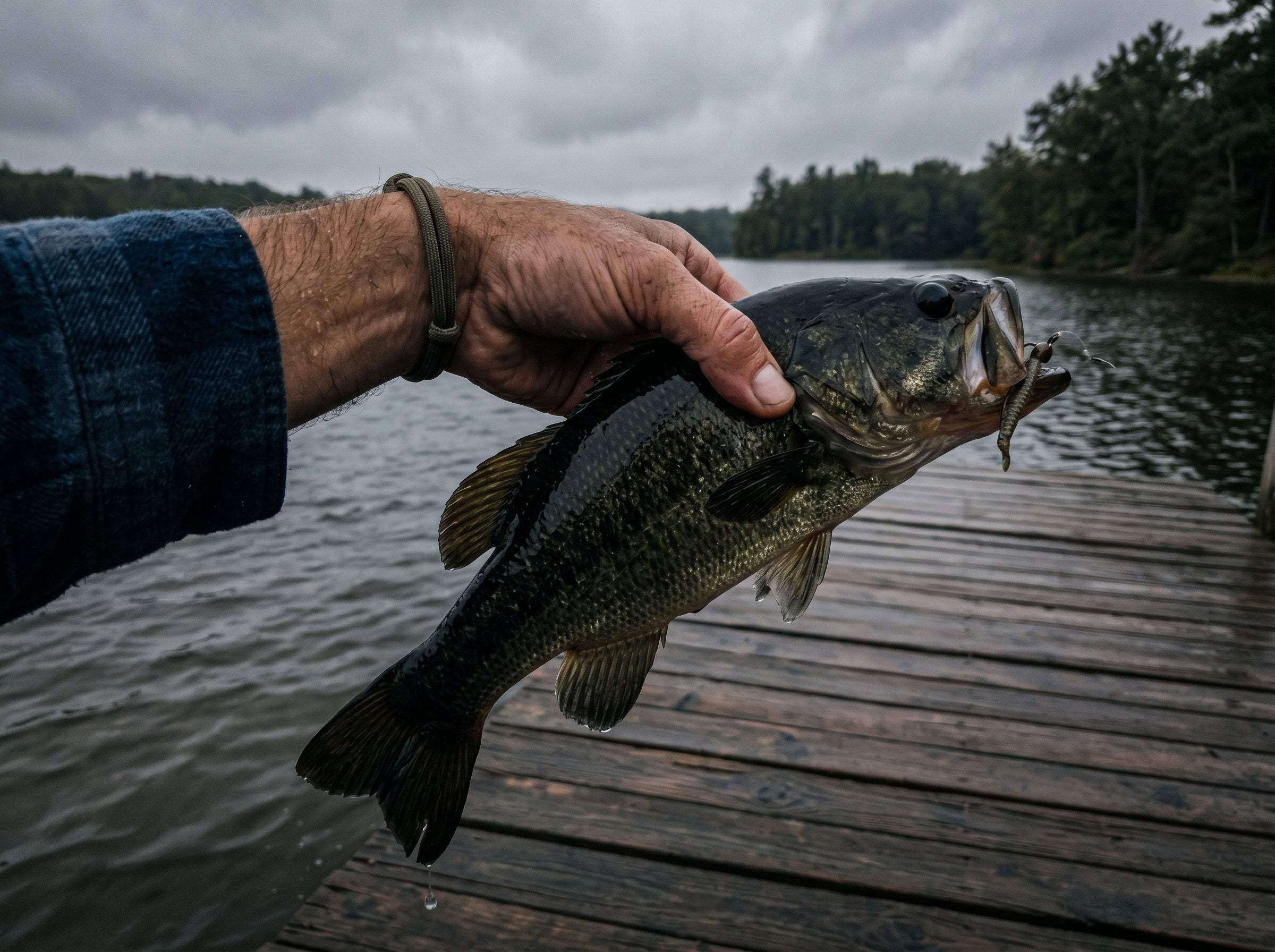 Angler holding largemouth bass at dawn